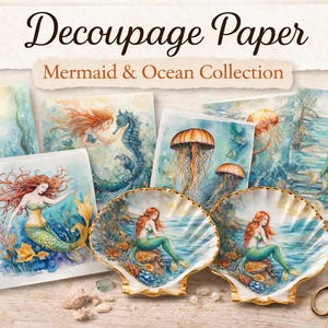 Oyster Shell / Mermaid Rice Paper/ Coastal Decor/ Mermaid Scrapbook Ephemera/ Shell Decoupage Designs /Mermaid Decoupage Paper / Ocean Paper