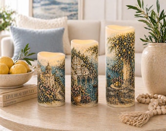 Amalfi Coast Flameless Candles Set of 3, LED Pillar Candles 4 5 6 Inch, Mediterranean Coastal Decor, Italian Decor, Pillar Candles