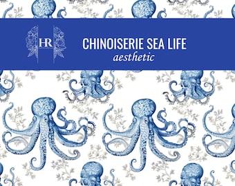 Rice Paper for Decoupage / Chinoiserie Sea Life Aesthetic / Rice Paper / Chinoiserie Bundle / Beach Blue Toile De Jouy Decoupage / Nautical