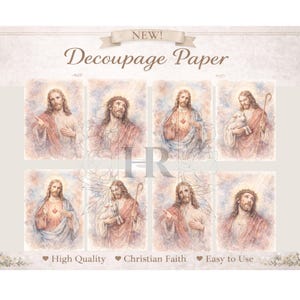 May include: Decoupage paper featuring eight watercolor illustrations of Jesus Christ. The images are in soft pastel colors, with details of robes, halos, and expressions. The text "NEW! Decoupage Paper" is at the top, with additional text at the bottom.