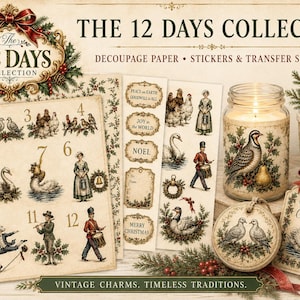 May include: The 12 Days Collection decoupage paper, stickers, and transfer sheets featuring vintage-style illustrations of birds, figures, and holiday motifs. Includes a candle in a glass jar, a round ornament, and a rectangular tag with a swan.
