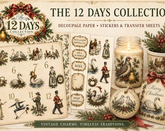 12 Days of Christmas Collection | Vintage Christmas Decoupage Paper, Stickers & Transfer Sheets | Old World Christmas Craft Supplies