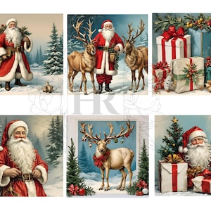 May include: A collection of vintage-style Christmas illustrations featuring Santa Claus in a red suit with white trim, reindeer, and wrapped gifts. The scenes are set in snowy landscapes with evergreen trees, evoking a classic holiday atmosphere.