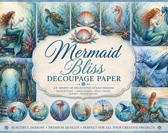 Rice Paper for Decoupage / Mermaid Rice Paper/ A4 Rice Paper / Mermaid Scrapbook Ephemera/ Decoupage Mulberry Paper/Mermaid Decoupage Paper