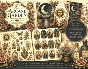 Vintage Tarot Craft Bundle, Arcane Garden Collection, Decoupage Rice Paper, Waterslide Transfer, Sticker Sheet, Tarot Craft Supplies, DIY