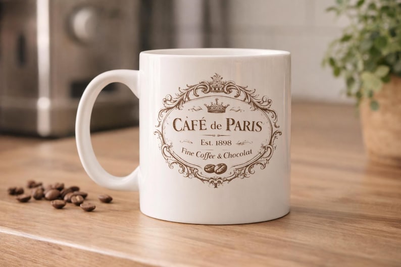 May include: White ceramic mug with a brown ornate design that reads "Caf&eacute; de Paris" with "Est. 1898" and "Fine Coffee & Chocolat". The mug has a curved handle and is on a wooden surface.