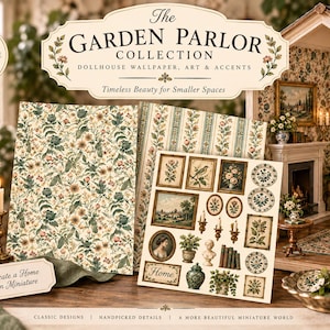 May include: A 1:12 scale dollhouse collection featuring floral wallpaper sheets, miniature framed art, and decorative accents. The set includes botanical prints, landscape scenes, and small home decor items, all presented with a cohesive, classic aesthetic.