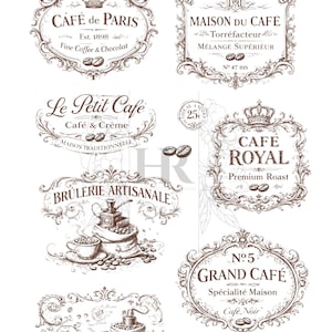 May include: A collection of vintage-style coffee shop signs in brown tones. Each sign features ornate frames and text such as "Caf&eacute; de Paris," "Maison du Cafe," and "Cafe Royal." The designs include coffee beans and crowns, evoking a classic aesthetic.