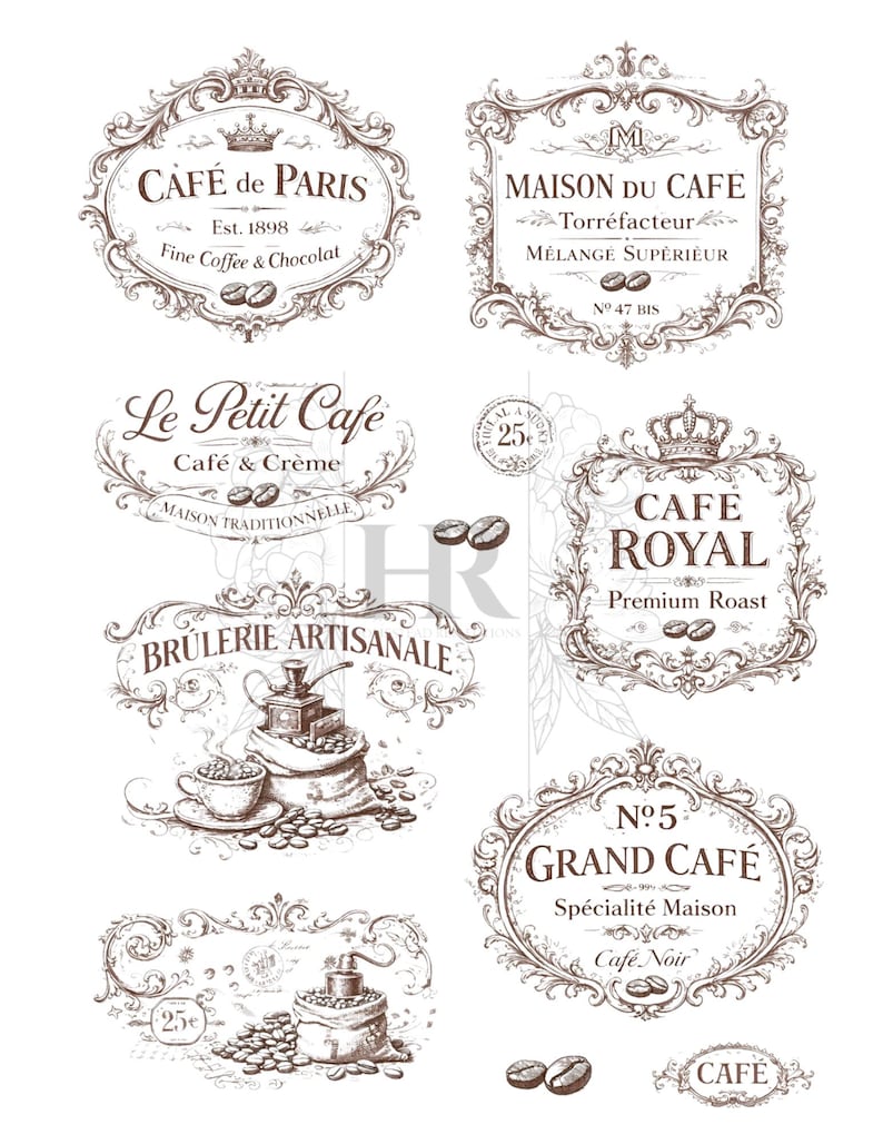 May include: A collection of vintage-style coffee shop signs in brown tones. Each sign features ornate frames and text such as "Caf&eacute; de Paris," "Maison du Cafe," and "Cafe Royal." The designs include coffee beans and crowns, evoking a classic aesthetic.