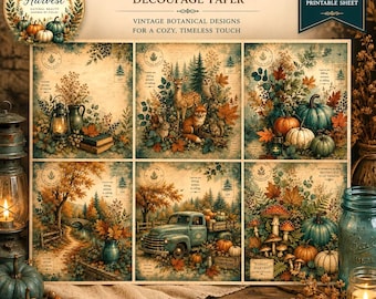 Teal Harvest Decoupage Paper, Vintage Autumn Junk Journal Paper, Teal Pumpkin Fall Craft Paper, Rustic Woodland Collage Paper