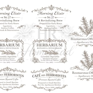 May include: A collection of vintage-style labels with ornate borders and botanical illustrations. The labels feature text for "Morning Elixir," "Herbarium," and "Café des Herboristes," with details about ingredients and preparation methods. The color palette is primarily sepia and cream.