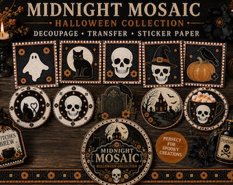 Halloween Decoupage Bundle, Rice Paper, Water Transfer Paper & Sticker Paper Set, Gothic Halloween Craft Kit, Vintage Mosaic Halloween Decor