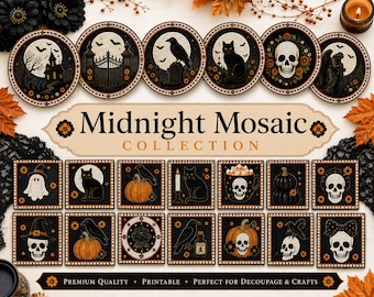 Midnight Mosaic Halloween Decoupage Paper Collection, Gothic Halloween Rice Paper, Vintage Skull Raven Pumpkin Paper, Halloween Craft Paper