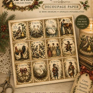 May include: A sheet of decoupage paper titled Mini Twelve Days of Christmas featuring twelve individual vintage-style illustrations depicting the classic holiday song themes, surrounded by holly and berry decorative borders and text.