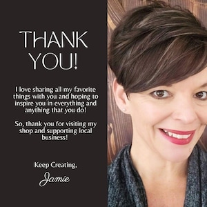 May include: A woman with short brown hair and a gray top smiles, with the text "THANK YOU!" and a message about sharing favorite things and supporting local business. The text is on a black background.