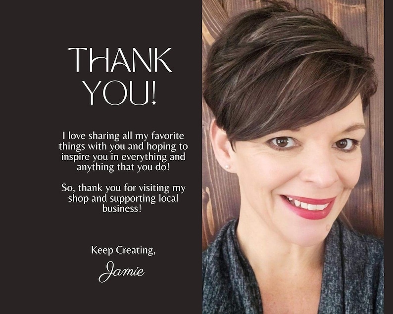 May include: A woman with short brown hair and a gray top smiles, with the text "THANK YOU!" and a message about sharing favorite things and supporting local business. The text is on a black background.
