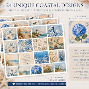 May include: Sheets of coastal design prints, each 3.5 x 3.5 inches, featuring watercolor illustrations of ocean scenes, including starfish, lighthouses, and waves. The text reads "24 UNIQUE COASTAL DESIGNS" and "PERFECT FOR PRINTING, CRAFTS, HOME DECOR & GIFTS".