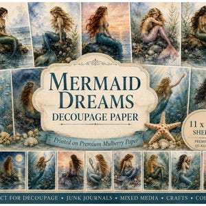 May include: A collection of decoupage paper sheets titled Mermaid Dreams, printed on premium mulberry paper. The sheets feature various watercolor illustrations of mermaids in underwater and coastal settings, measuring 11 by 8.5 inches.