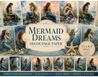 Rice Paper for Decoupage / Mermaid Rice Paper/ A4 Rice Paper / Mermaid Scrapbook Ephemera/ Decoupage Mulberry Paper/Mermaid Decoupage Paper