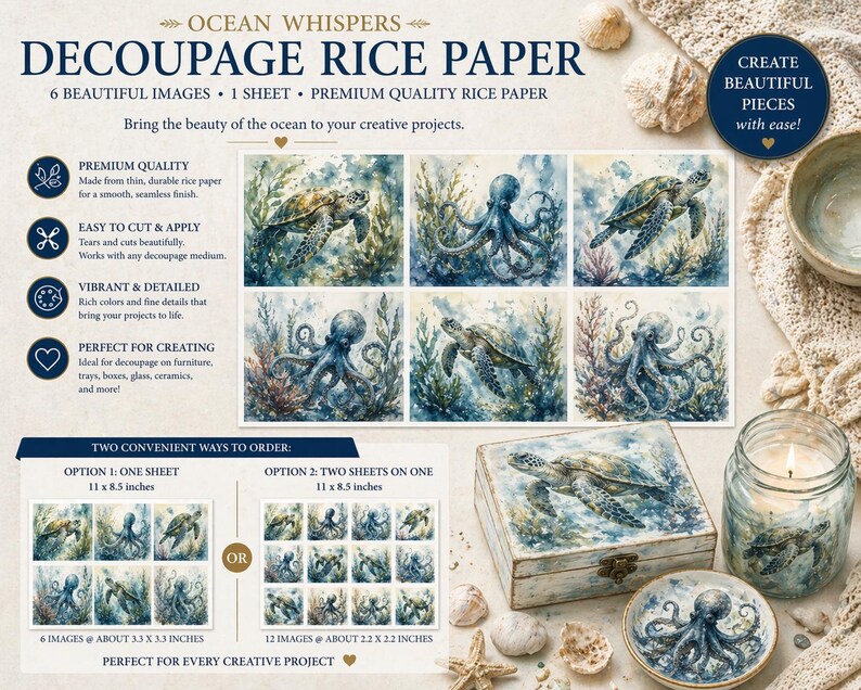 Sea Turtle & Octopus Decoupage Paper | Coastal Ocean Rice Paper ...