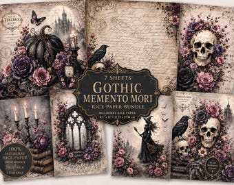 Dark Academia Decoupage Paper Bundle | Gothic Mulberry Rice Paper Sheets | Vintage Halloween Craft Kit | Decoupage Paper Kit l Pink Goth