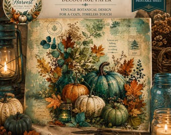 Teal Harvest Decoupage Paper, Vintage Autumn Junk Journal Paper, Teal Pumpkin Fall Craft Paper, Rustic Woodland Collage Paper