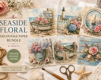 Coastal Decoupage Paper Bundle, Beach Floral Rice Paper, Vintage Seaside Boat, Lighthouse, Shabby Chic Mulberry Paper, Ocean Decoupage