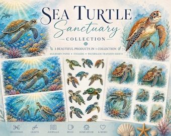 Sea Turtle Decoupage Paper Bundle, Watercolor Ocean Rice Paper, Waterslide Transfers & Sticker Sheet, Coastal DIY Craft Supplies