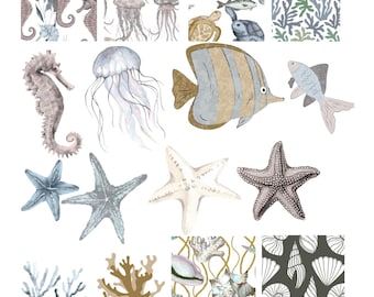 Rice Paper for Decoupage / Vintage Seahorse Starfish Jellyfish Seashell Seaweed / 1 Rice Paper / A4 / A5 / Mulberry Rice Paper DIY Projects