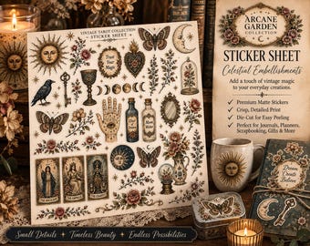 Vintage Tarot Craft Bundle, Arcane Garden Collection, Decoupage Rice Paper, Waterslide Transfer, Sticker Sheet, Tarot Craft Supplies, DIY