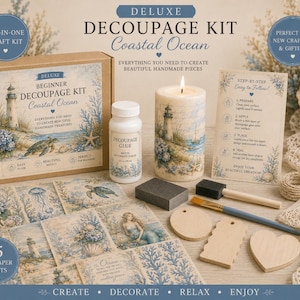 May include: A deluxe decoupage kit with a coastal ocean theme. The kit includes a box, glue, a candle, rice paper sheets, and wooden shapes. The box reads "Beginner Decoupage Kit Coastal Ocean". The kit is designed for new crafters.