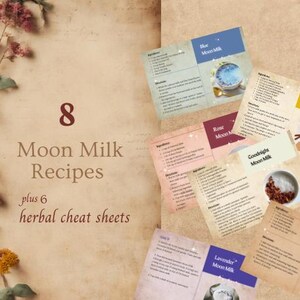 Receitas de leite lunar, folhas de dicas de ervas, cartões de receitas de ervas para impressão, cartões de receitas digitais, remédio de ervas para ansiedade, remédio homeopático