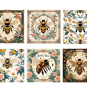 May include: A collection of six square decorative panels featuring honey bee illustrations. Each panel displays a bee surrounded by floral motifs, with some designs incorporating ornate frames and the text Honey Bee in a script font.