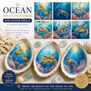 May include: Ocean-themed decoupage paper for oyster shells, featuring six unique designs with vibrant details. The image showcases three oyster shell art pieces with turtle illustrations, coral, and the text "Bring the beauty of the ocean to life."