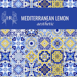 May include: Aesthetic design featuring a pattern of blue and yellow tiles. The tiles have intricate floral and geometric designs. The text "MEDITERRANEAN LEMON aesthetic" is displayed on a blue banner. The design is reminiscent of Mediterranean decor.