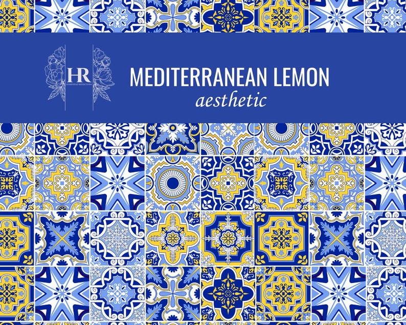 May include: Aesthetic design featuring a pattern of blue and yellow tiles. The tiles have intricate floral and geometric designs. The text "MEDITERRANEAN LEMON aesthetic" is displayed on a blue banner. The design is reminiscent of Mediterranean decor.
