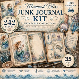 Mermaid Junk Journal Kit Printable | Ocean Ephemera Bundle | 36 Page Journal Kit | Tags, ATC Cards, Pockets, Envelopes & Background Papers