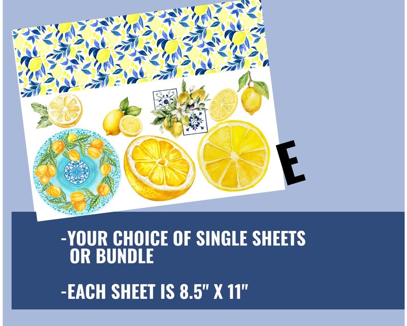 May include: Sheets of paper featuring watercolor illustrations of lemons and lemon-themed designs. The sheets measure 8.5" x 11" and include a variety of lemon slices, whole lemons, and decorative patterns. Text on the image reads: "-YOUR CHOICE OF SINGLE SHEETS OR BUNDLE -EACH SHEET IS 8.5" X 11"."