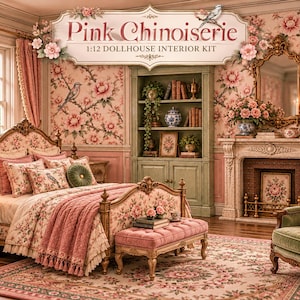 May include: A 1:12 dollhouse interior kit titled Pink Chinoiserie, featuring a bedroom scene with floral wallpaper, a bed with pink bedding, a green bookshelf, a fireplace with a mirror, and a green armchair on a patterned rug.