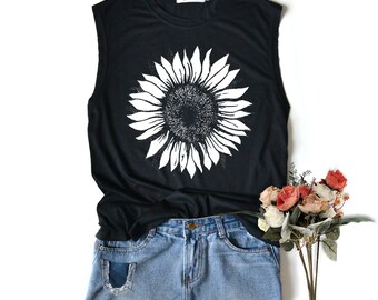 Graphic T Shirt for Women Womans Floral Workout Tank, Botanical Floral Muscle Tank Top Wildflower Shirt Sunflower Tank Gift for Her
