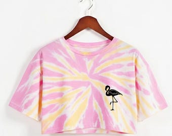 Flamingo pocket print tie-dye crop top cotton Workout Shirt, Oversized Fit