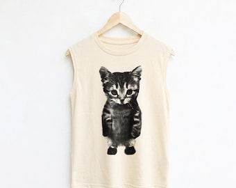 Cat standing Graphic Muscle Tank Top: Women's Workout Shirt