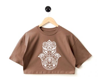 Hamsa Hand Crop Top: Cotton Graphic Shirt - Regular or Oversized