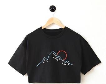 Cropped Mountains-shirt met grafische print: katoenen workouttop