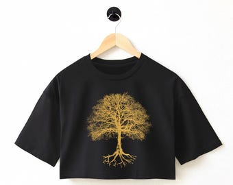 Camiseta cropped com estampa de árvore grande: Camiseta de algodão para jardim