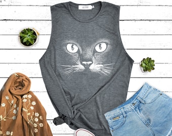 Cat lover shirt cat funny Shirt cat face graphic shirt Muscle tee tank top workout tank