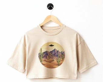 UFO desert Print Crop Shirt: Cotton Oversized Tee