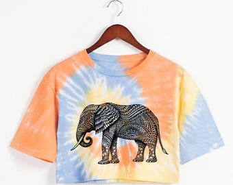 Elephant graphic print tie-dye crop top cotton Workout Shirt, Oversized Fit