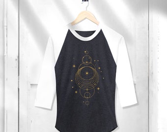 Geometric Space Graphic Raglan Shirt: 3/4 Sleeve Baseball Tee