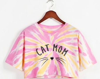 Cat mom funny print tie-dye crop top cotton Workout Shirt, Oversized Fit